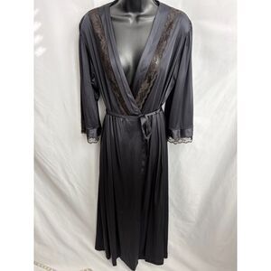 Vintage Gilead Satin Black Lace Trim Peignoir Robe Wrap With Tie L Victorian